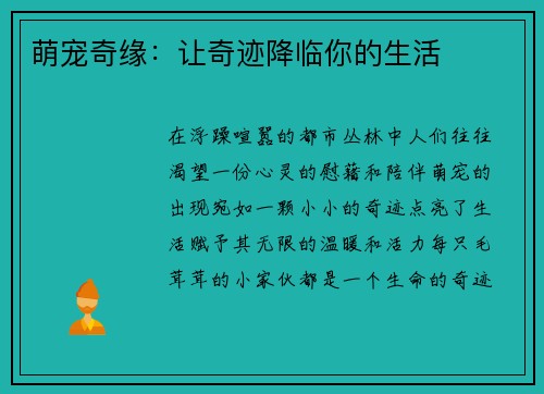 萌宠奇缘：让奇迹降临你的生活